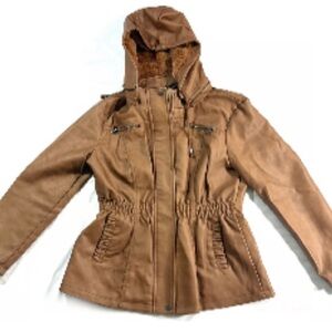 Cavalini vegan leather jacket brown full zip hooded medium